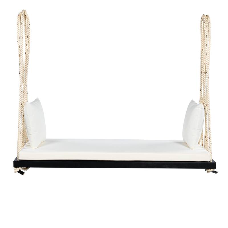 Patio Wood Hanging Swing Bench with Cushion and Pillows