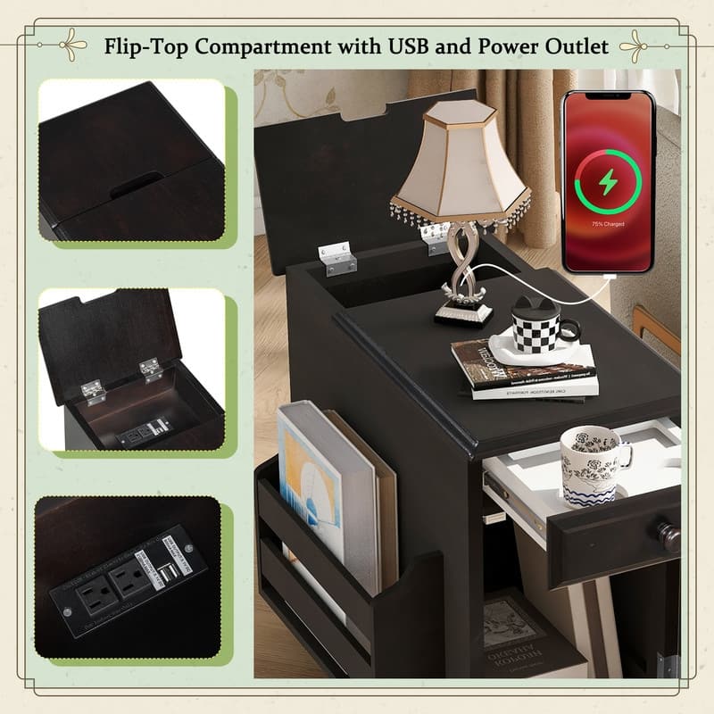 Retro Flip-Top End Table – USB Ports, Cup Holder Drawer & Bookshelf, Ideal for Small Spaces.