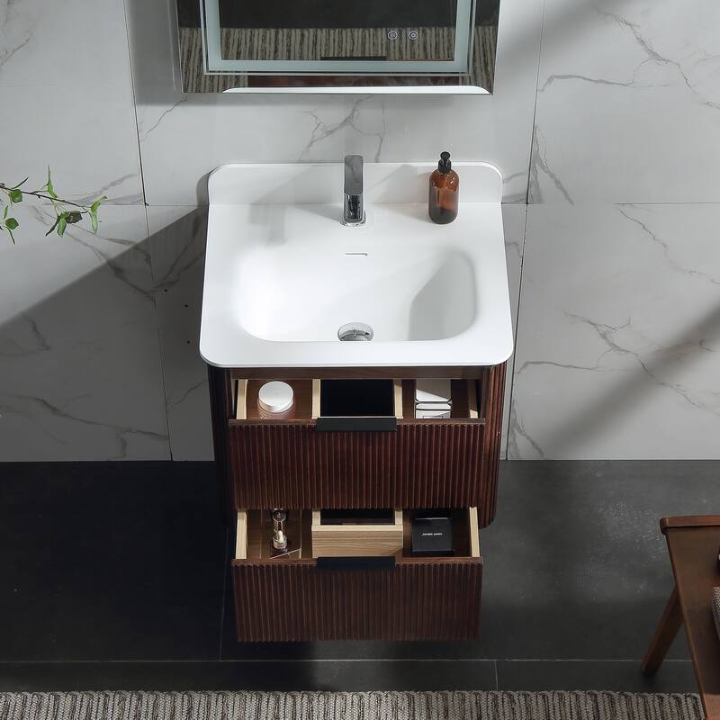 Modland Fluted Floating Vanity with Sink, Plywood Wall Mount Cabinet, Curved Edge, 24/30/36 Inch