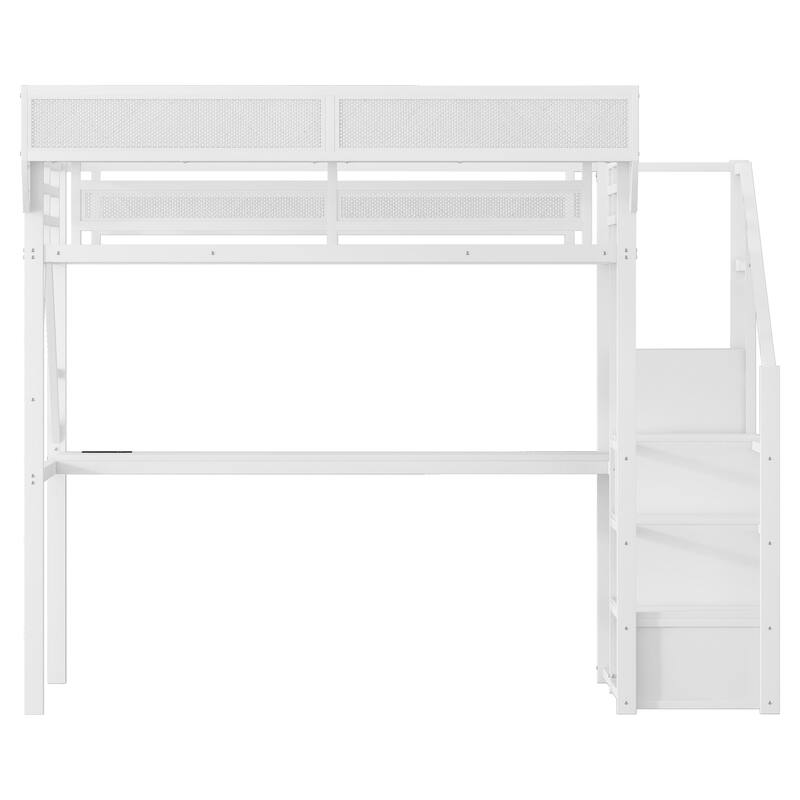 Full Loft Bed with Desk and Charging Station, Full Size Metal Loft Bed with Stairs and Light for Kids Teens