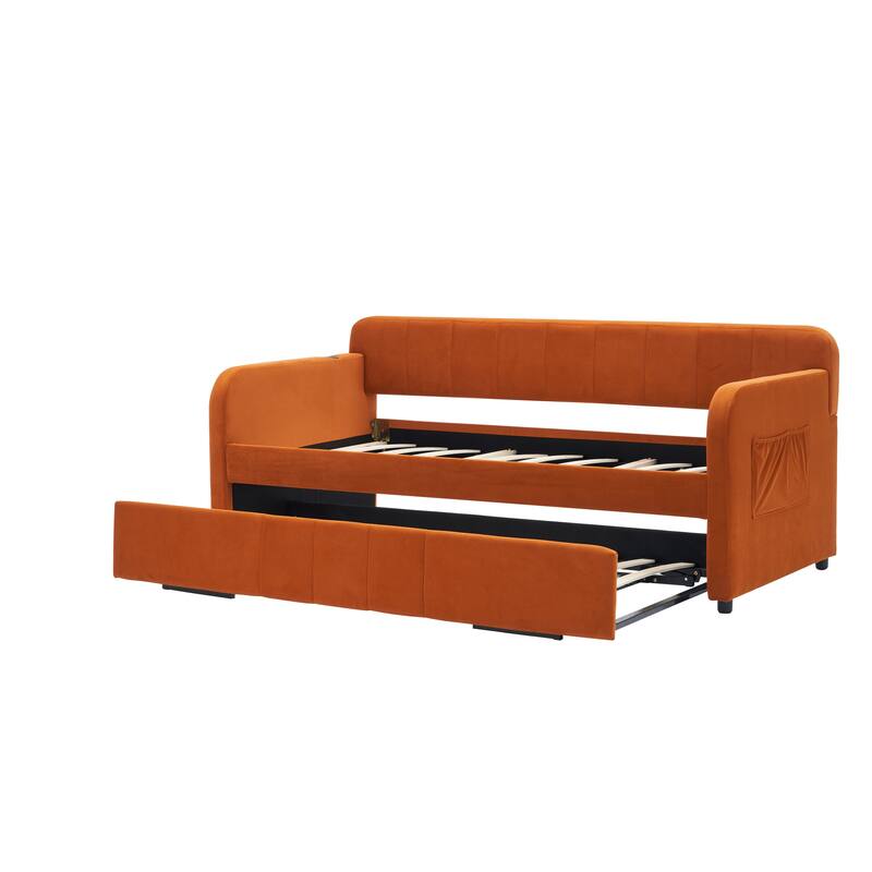 Twin Daybed with Trundle, Upholstered Velvet Frame, Space Saving Daybed Bed for Guest Room