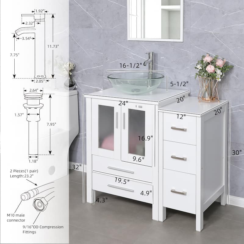 36" White Bathroom Vanity Sink Set with Side Cabinet Vessel Sink Faucet Combo