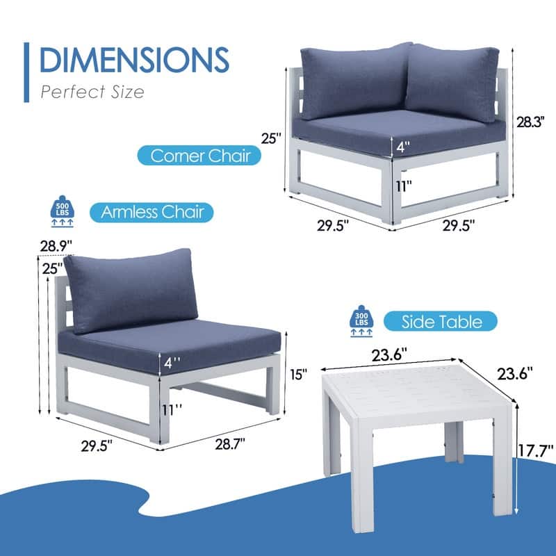 FINCATI White Aluminum Modern Patio Furniture Sectional Sofa Set with Cushion