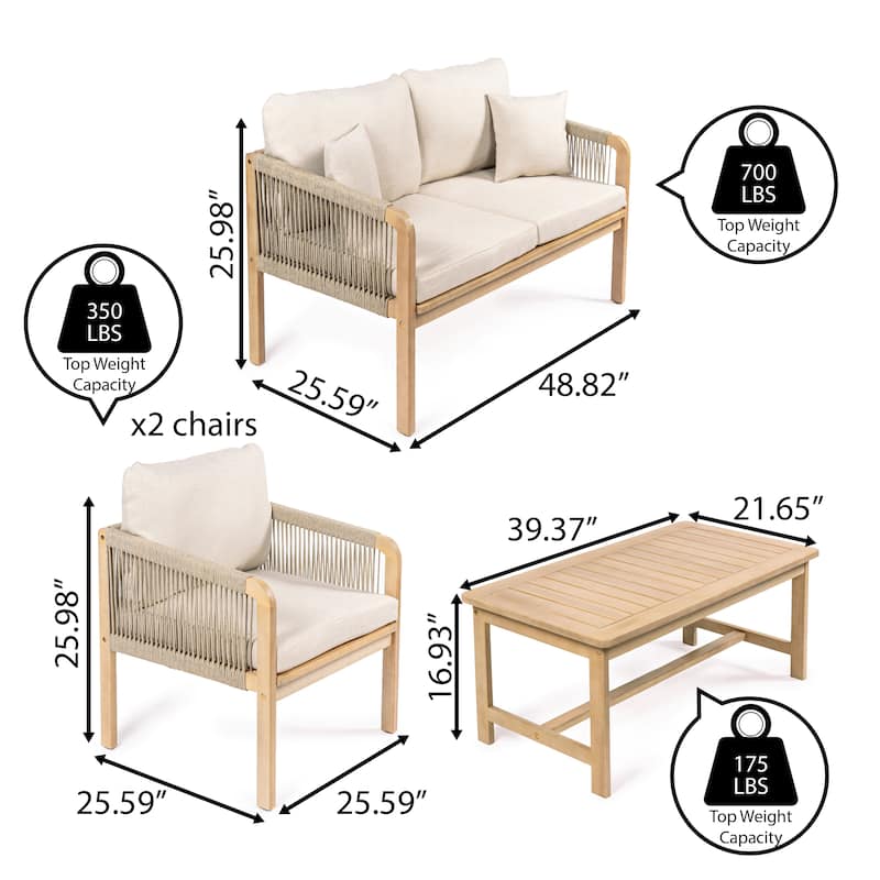 Aveiro 4-Piece Modern Bohemian Acacia Wood Outdoor Patio Set with Cushions and Plain Decorative Pillows, by JONATHAN Y