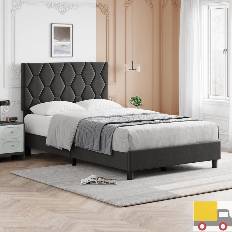 Upholstered Platform Bed Frame with Adjustable Headboard