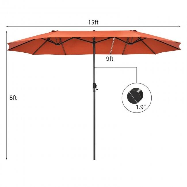 15 Feet Patio Double-Sided Umbrella with Hand-Crank System - 15.4' x 9.2' x 8.0' (LxWxH)