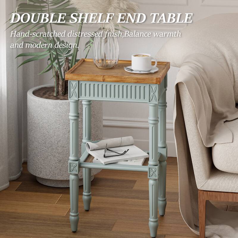 COZAYH French Country Distressed Accent Table, Espresso Tray Top and Woven Wicker Shelf, Boho, Farmhouse, Rustic Decor