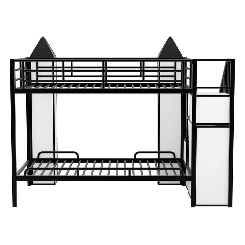 Twin Metal Castle Bunk Bed with Wardrobe, Staircase, and Cabinets