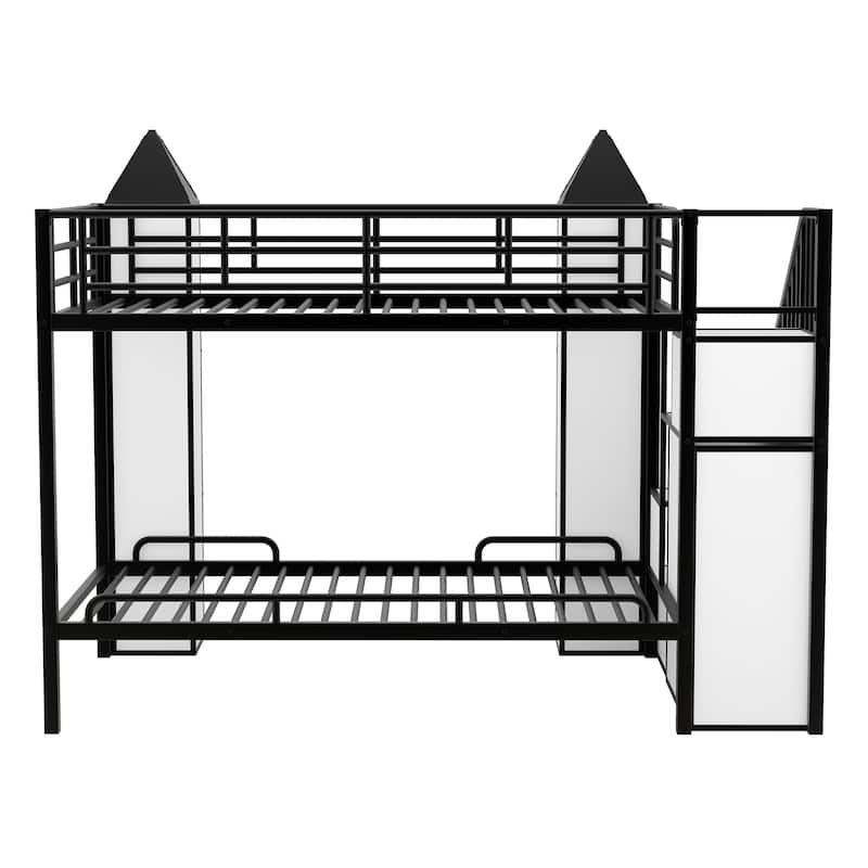 Twin Over Twin Size Bunk Bed w/Storage Shelves,Wardrobe,Metal Bedframe