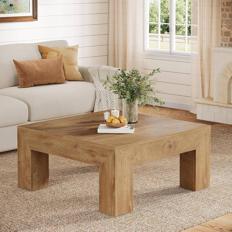 39.37-Inch Farmhouse Square Coffee Table for Living Room, Low Large Center Tea Accent Table - Light Brown