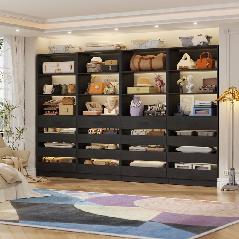 21.3'' W Closet System with 4 Wooden Drawers, 1.78FT Walk-in Closet Organizer Wardrobe with Adjustable Open Shelves - Black - Set of 4 (85.2'' W)