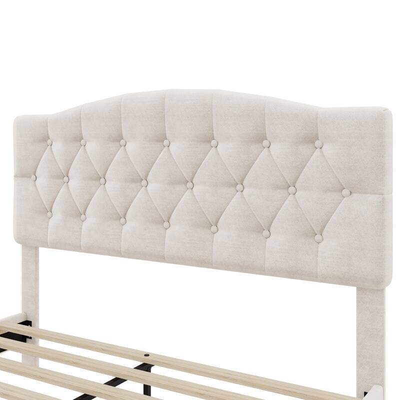 Roomfitters Queen/King Size Elegant Tufted Upholstered Platform Bed Frame, Diamond Button Headboard, No Box Spring Needed, Beige