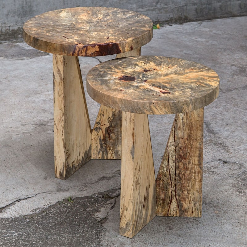 Set of 2 Brown and Beige Distressed Round Nesting Tables 22"