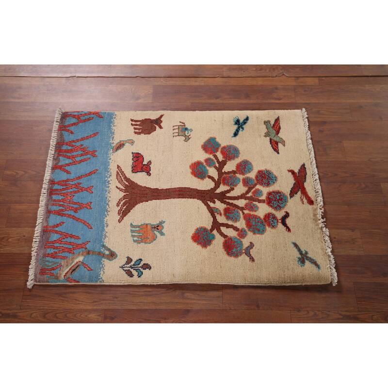 Animals Pictorial Ziegler Oriental Foyer Rug Handmade Wool Carpet - 2'1" x 3'0"