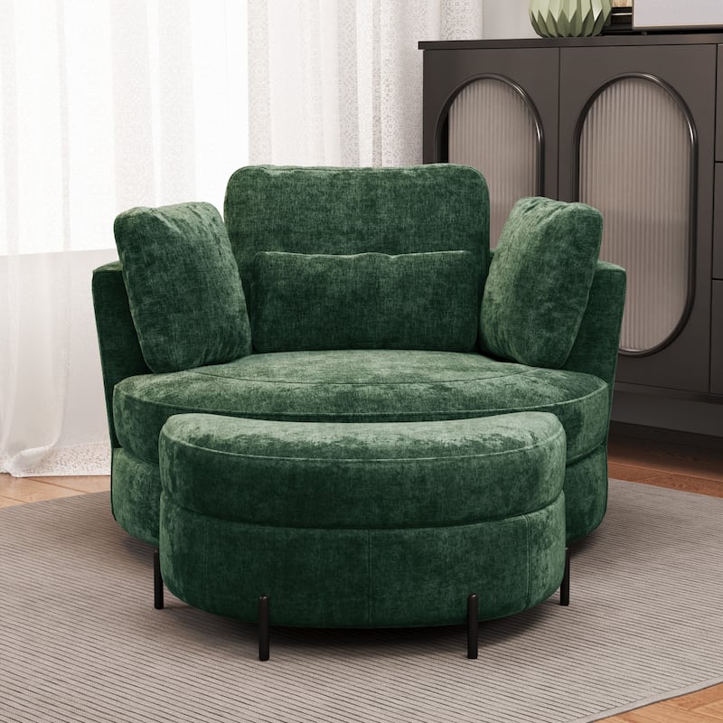 Modern Chenille 360° Swivel Accent Barrel Chair and Storage Ottoman