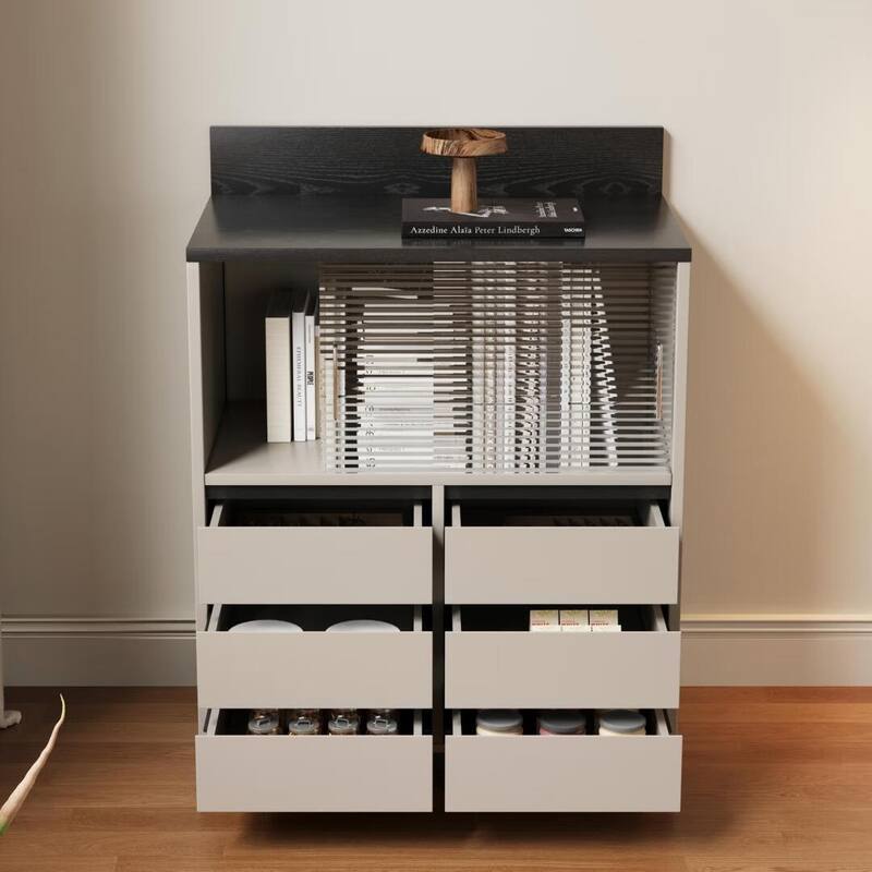 Modern 6-Drawer Storage Cabinet with Wavy Design and Black Wood-Grain Desktop