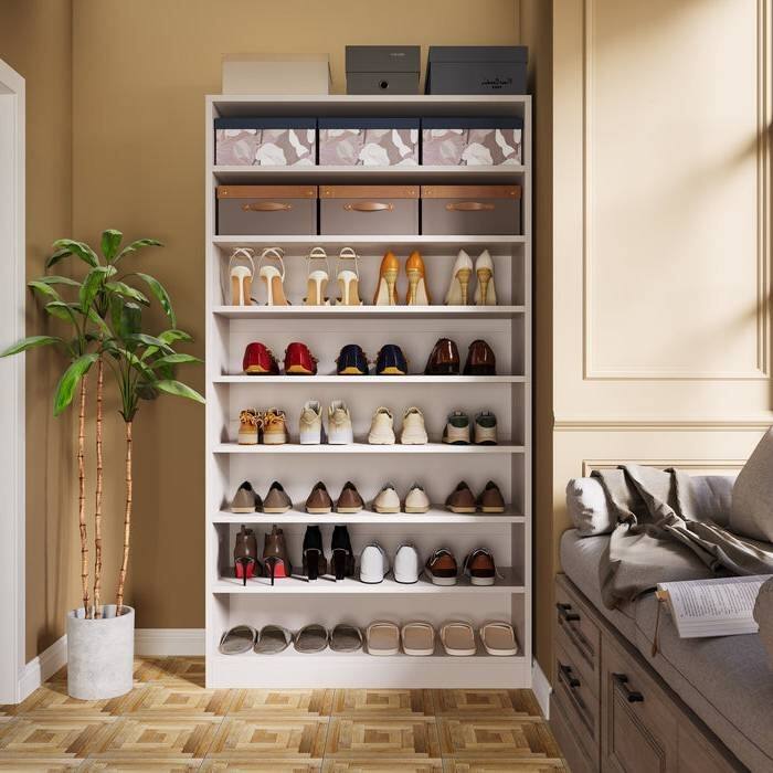Tall Narrow White Shoe Cabinet with 9 Adjustable Tiers and Holds 45 Pairs Ideal for Entryway Closet