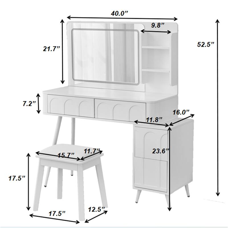Modern 3 Colors LED Makeup Vanity Desk with Mirror, 4 Drawers and Stool