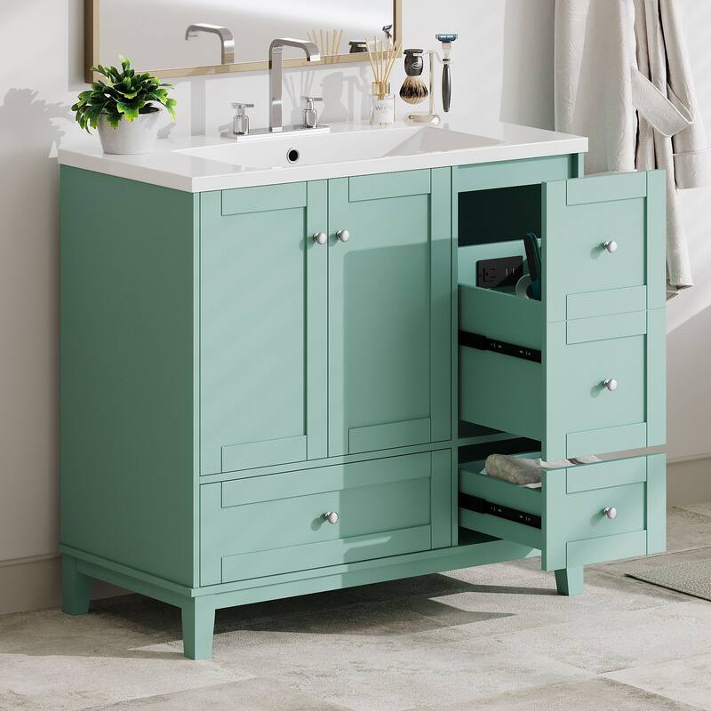 Contemporary 36-Inch Bathroom Vanity with USB Charging, Resin Sink, and Ample Storage