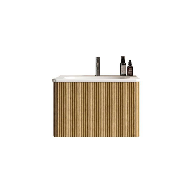 24 Inch Striped Walnut Bathroom Vanity with White Ceramic Sink,Wall Mounted Floating Bathroom Vanity for Modern Bathroom