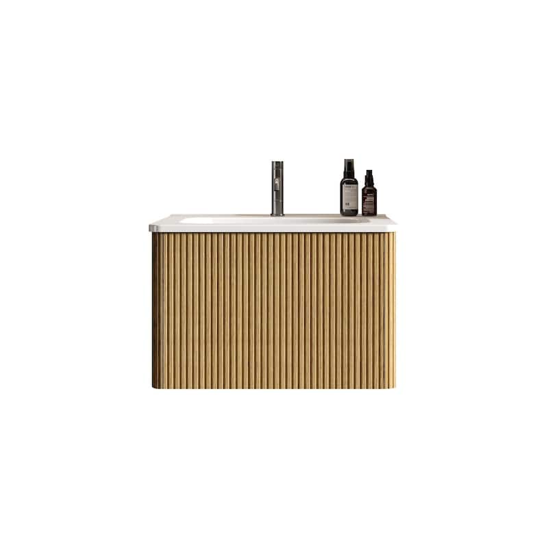 Modern Wall Mounted Striped Bathroom Vanity with Ceramic Sink