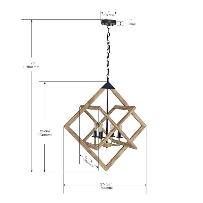 4 Light Caged Candle-Style Chandelier in Wood Painted Finish - 28.75"H x 27.6"W x 17.2"D