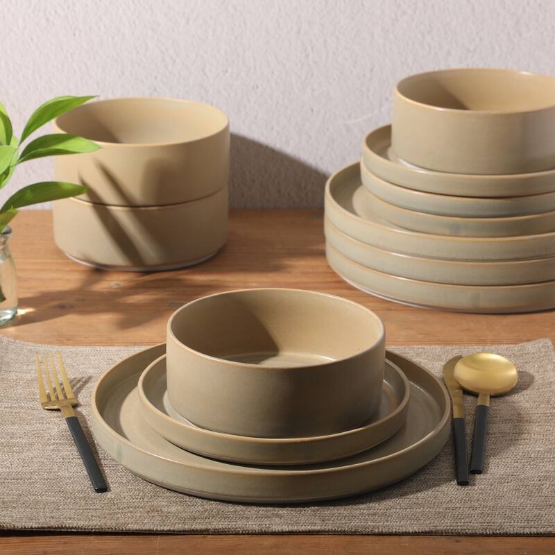 Gibson Elite Echo Bay 12 Piece Porcelain Reactive Glaze (Service for 4) Ceramic Plates and Bowls Dinnerware Set