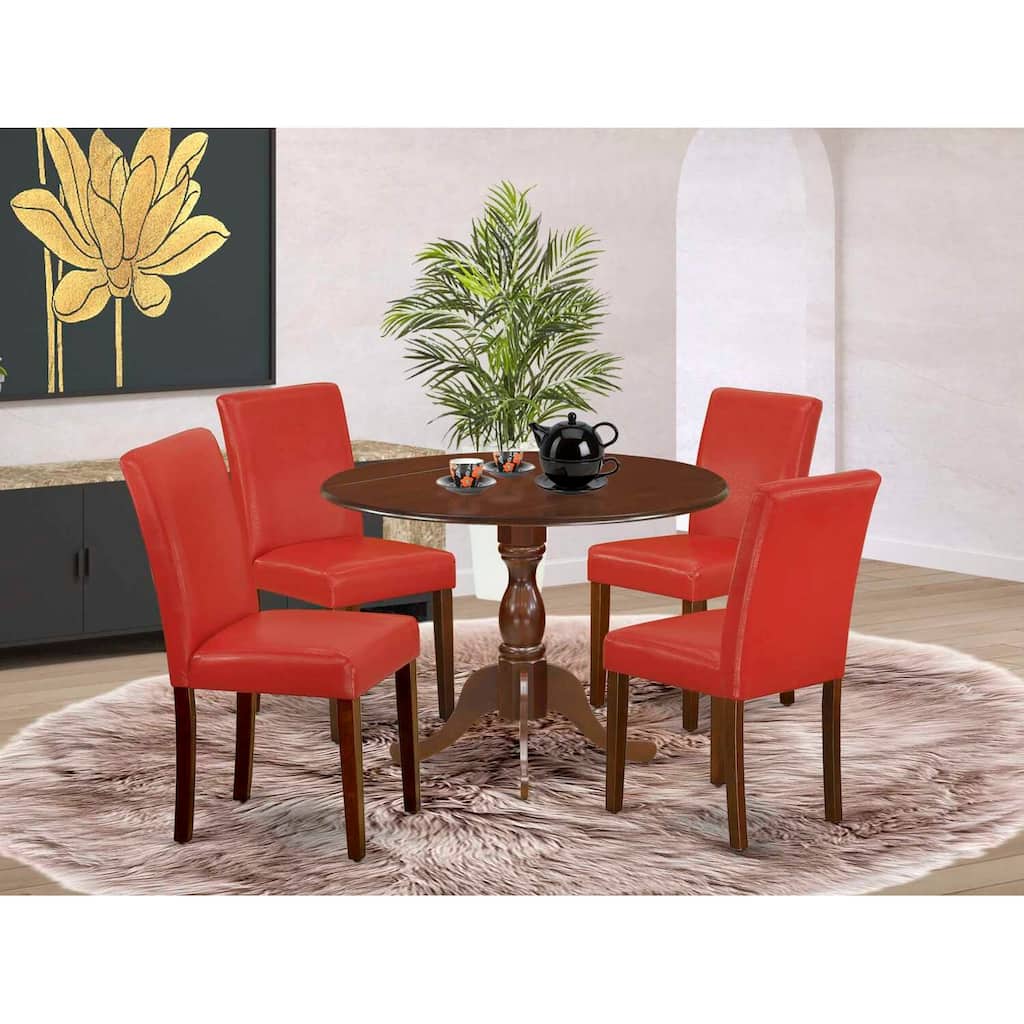 HomeStock 5-Pc Round Mahogany Finish Solid Wood Top Dining Table with 4 Upholstered Chairs with Drop Leaf