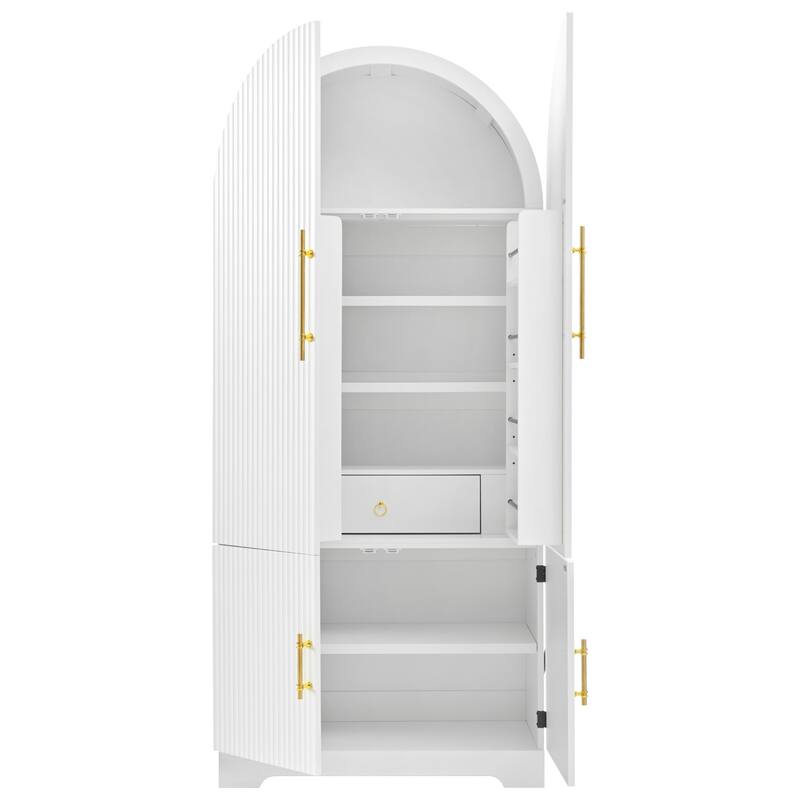 72" Tall Arched Kitchen Pantry Cabinet with 8 Door Shelves, Fluted Storage Cabinets with 3 Adjustable Shelves, Hidden Drawer
