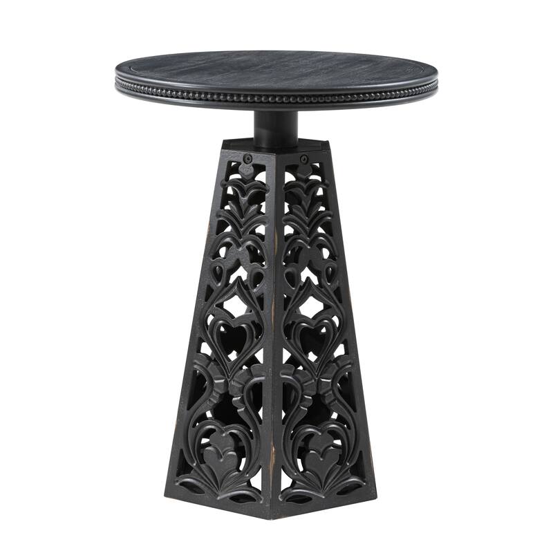 COZAYH Rustic Farmhouse Wooden End Table, Distressed Round Accent Table with Intricate Carved Floral Patterns, Boho