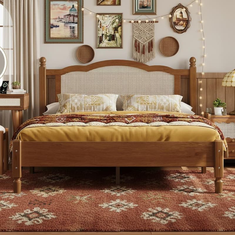 Vintage Rattan-Panel Platform Bed by Harper&Bright Designs