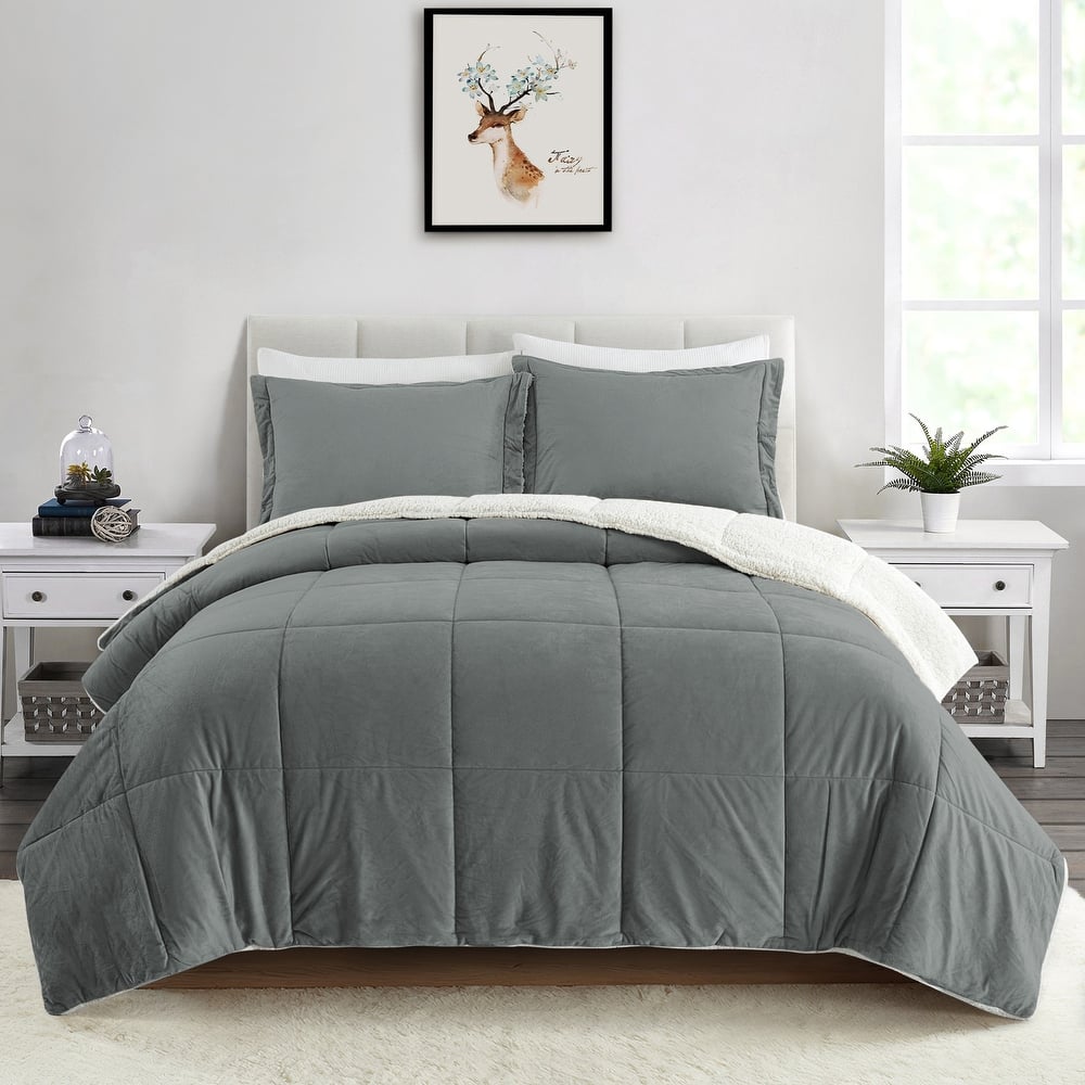 3 Piece Winter Reversible Comforter Set Faux Shearling Ultra Soft Minky Plush and Fuzzy Fleece Microfiber