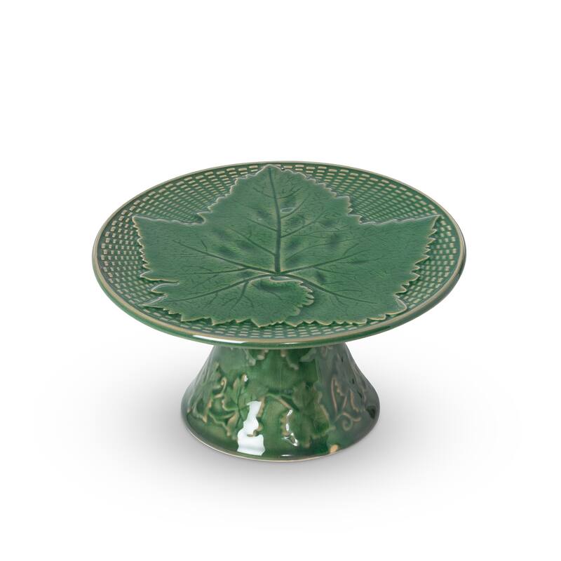 Green Ceramic Cake Stand with Ornate Grape Leaf Design and Woven Basket Pattern - Small