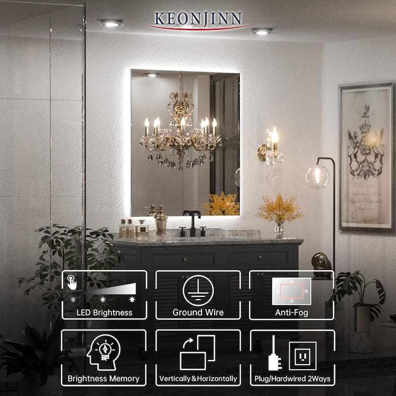 KEONJINN 3 Color LED Backlit Bathroom Vanity Wall Mirror, Anti-Fog, Dimmable