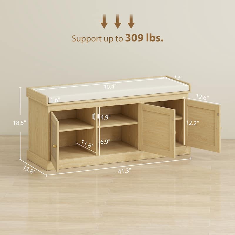 HOMCOM Shoe Bench with Woven Rattan Doors, Shoe Storage Bench with Cushion, Adjustable Shelves, Boho Style Entryway Bench