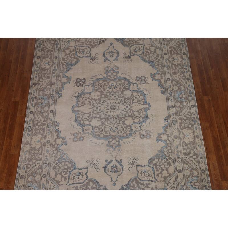 Distressed Tabriz Persian Area Rug Handmade Vintage Wool Carpet - 6'5" x 9'4"
