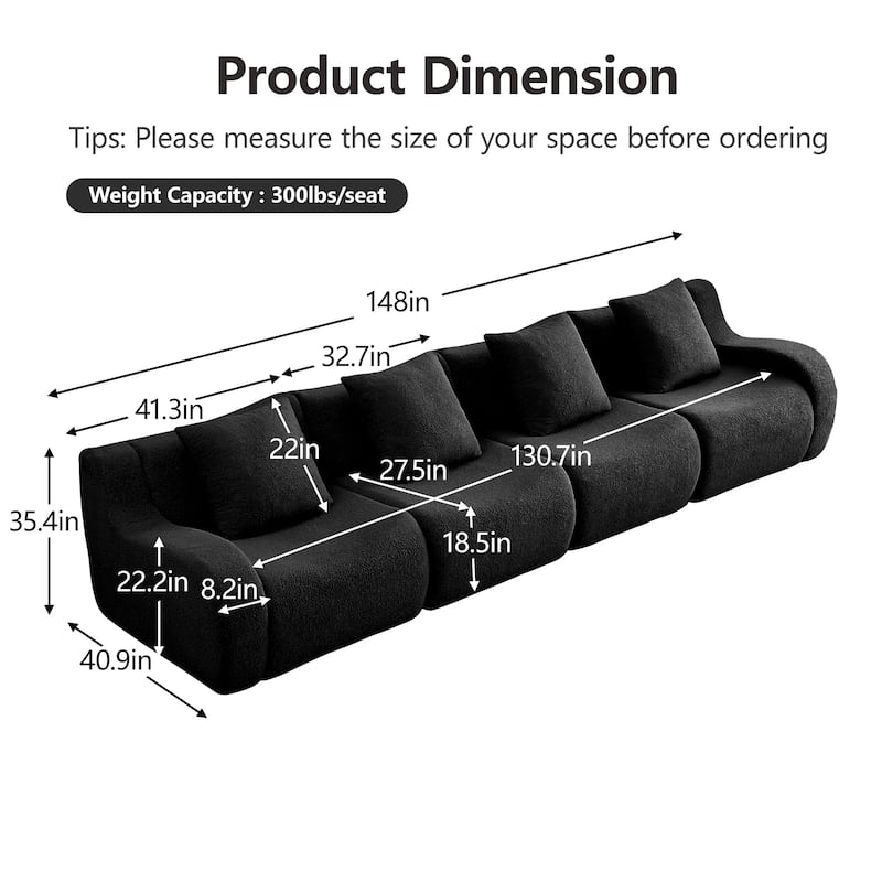 118" Teddy Fabric Boneless Couch, Upholstered 4-Seat Sofa with Curved Armrests, Modular Deep Seat Sofa, No Assembly Required