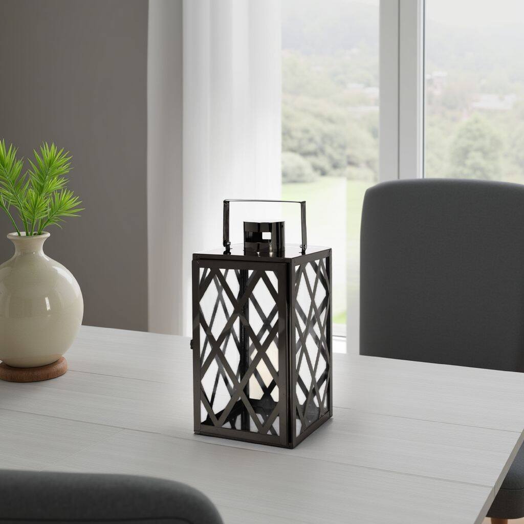 Dove 14 Inch Lantern, Lattice Black Stainless Steel, Tempered Glass