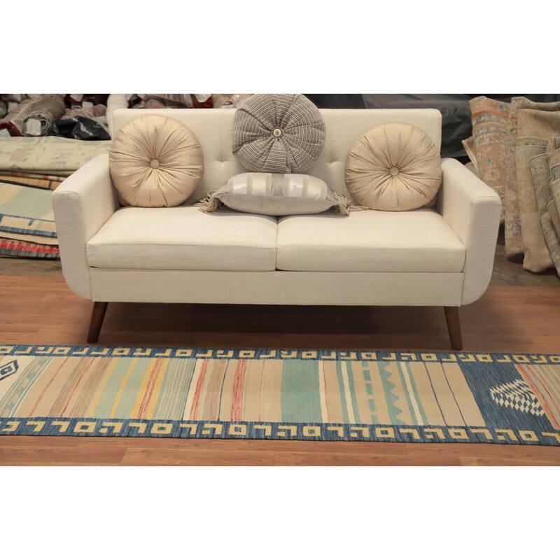 Hand Woven Oriental 100% Wool Carpet Southwestern Tribal Multi-Colored Kilim Runner Rug - 8' 1'' X 2' 2''