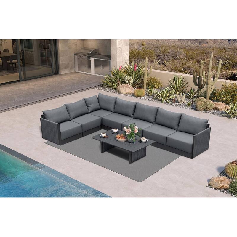 PURPLE LEAF Sanori Patio Conversation Set with Grey Ottoman and Cushion Patio Sofas Sectional Set for Poolside Graden - 7+1-Piece