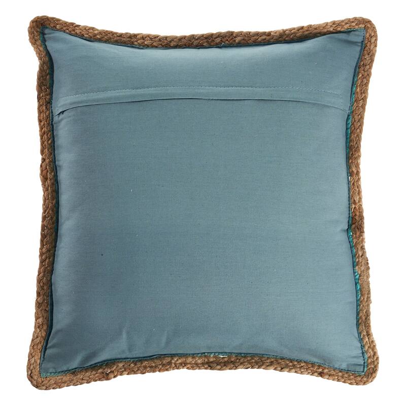 20" Turquoise Blue and Tan Handmade Bordered Square Throw Pillow