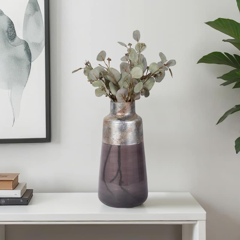 Modern Glam Glass Vase Metallic Textured Neck and Smooth Tapered Body - 8" x 8" x 17" - Gray/ Silver