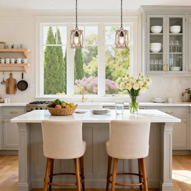 Farmhouse 1-Light Wood Lantern Pendant Cage Light for Kitchen Island - D6"x H 9.5"