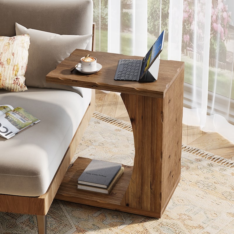 Solid Wood End Table, Narrow C Shaped Side Table with 2-tier Storage - Rustic Brown-1 PC