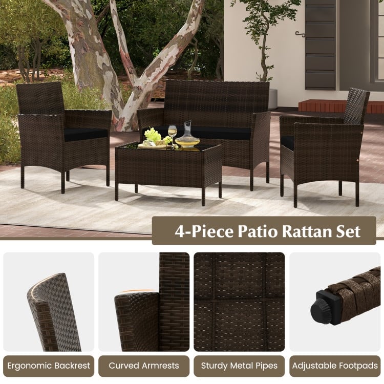 4 Piece Outdoor Rattan Patio Set with Cushions and Glass Table - 39.5" x 22.5" x 32"