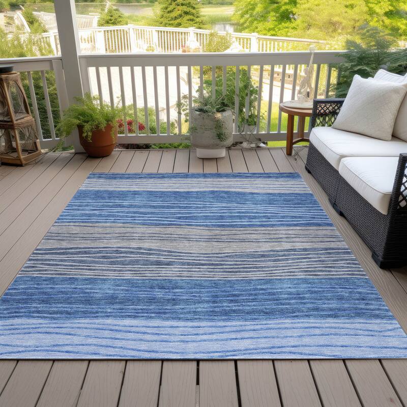 Machine Washable Indoor/ Outdoor Chantille Modern Stripes Rug - Blue - 10' x 14'