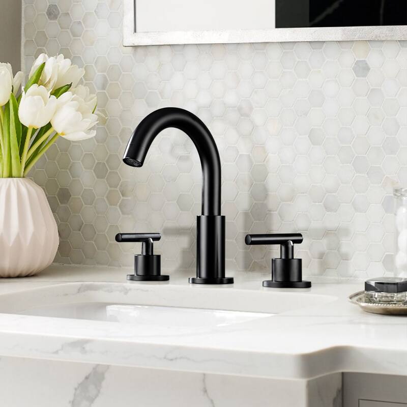 Modland Widespread 3-Hole Bathroom Faucet, 500K Cycle Ceramic Cartridge, 360 Swivel Spout & CEC Certified (Black/Gold/Nickel)