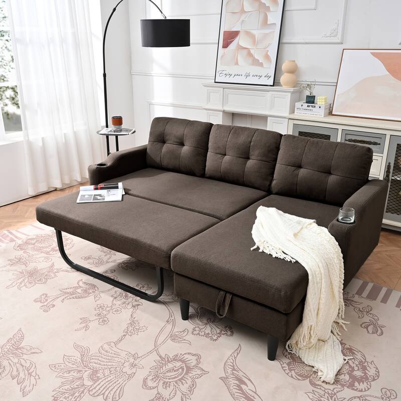 Pull Out Couch, L Shaped Convertible Sleeper Sofa Bed with Hidden Storage, 3-in-1 Upholstered Sectional Sofa with Cup Holder