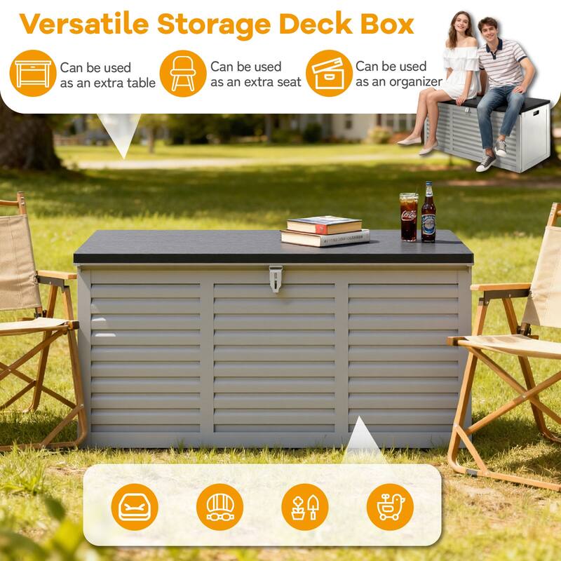 130 Gal. Upgraded Resin Deck Box, Outdoor Storage Box Waterproof with Hydraulic Rod and Side Handle, Lockable