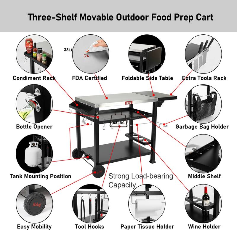 FEASTO 845001L 3-Shelf Indoor Outdoor Movable Food Prep Cart Station with Foldable Side Table - N/A